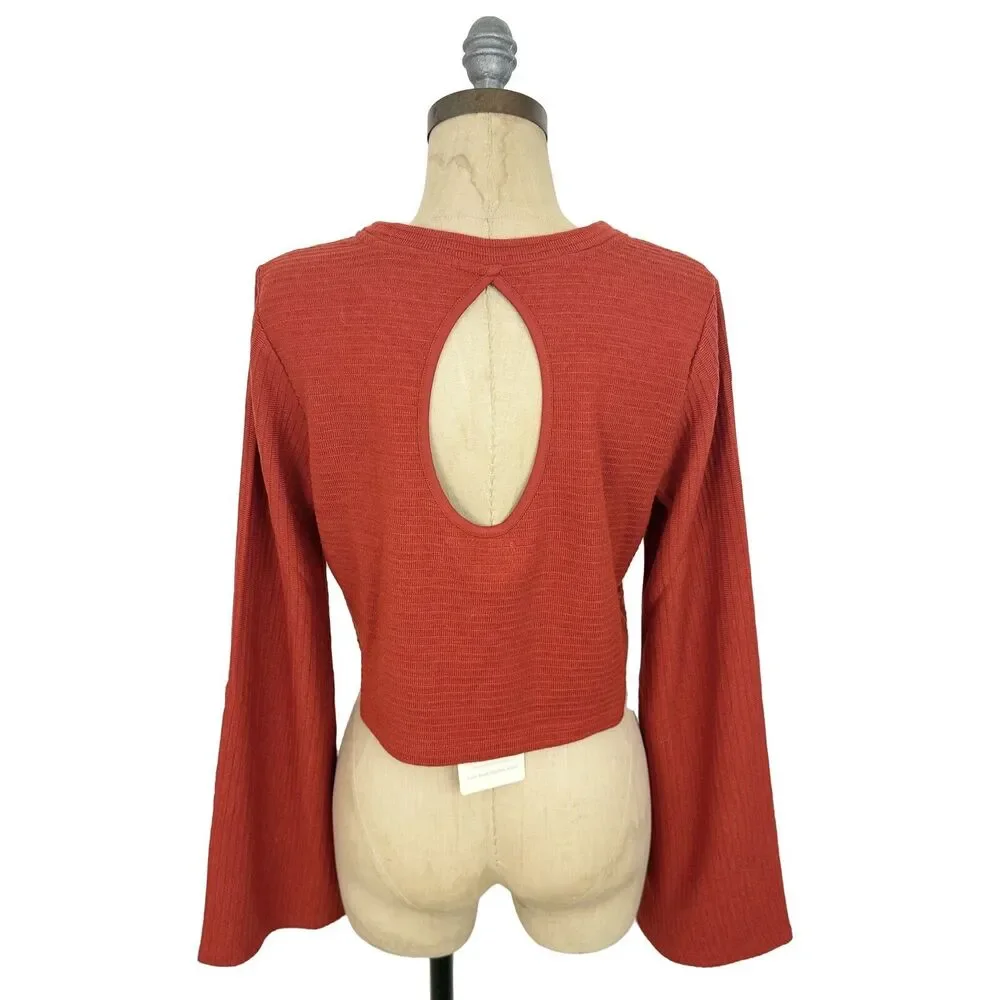 BAND OF THE FREE Alize Long Sleeve Crop Top M Bell Sleeve Rust Orange NWT B42